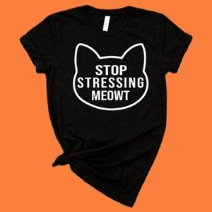 Black Kitty Cat 🐈‍⬛ Tee Shirt Crew Neck Top Stop Stressing Meowt Women's M/L